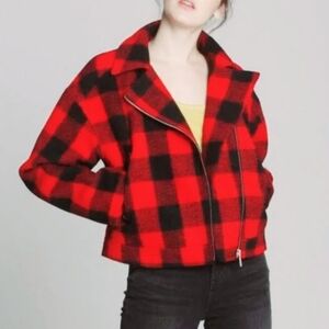 Vigoss Women's Black & Red Plaid Moto Cropped Jacket SZ M